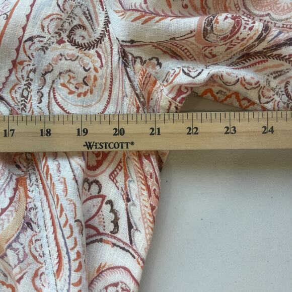 Rachel Zoe Linen Orange Paisley Blouse Tunic Size M V Neck European Flax Button - Picture 6 of 8